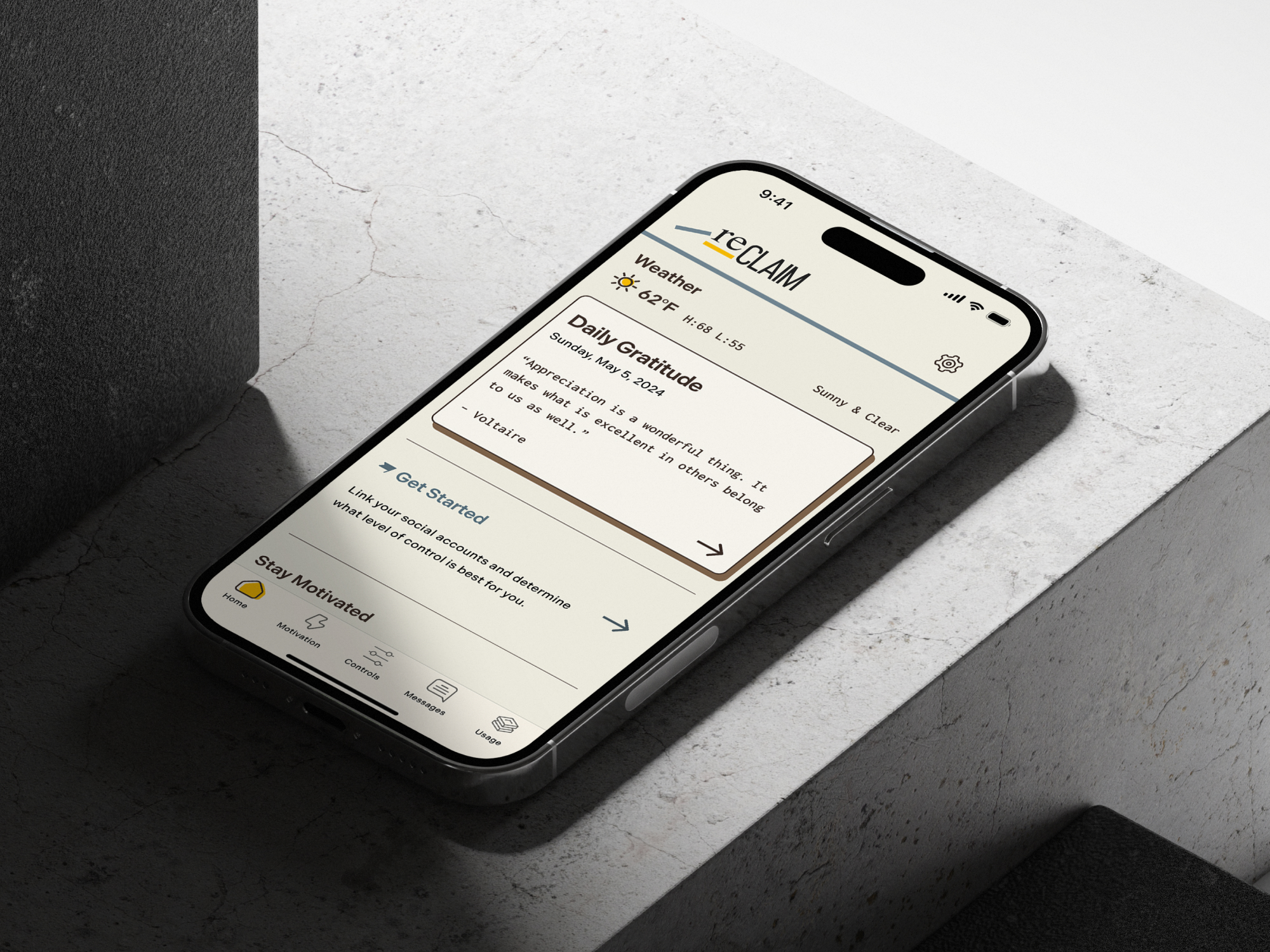 Image of an iphone with the Reclaim App homescreen