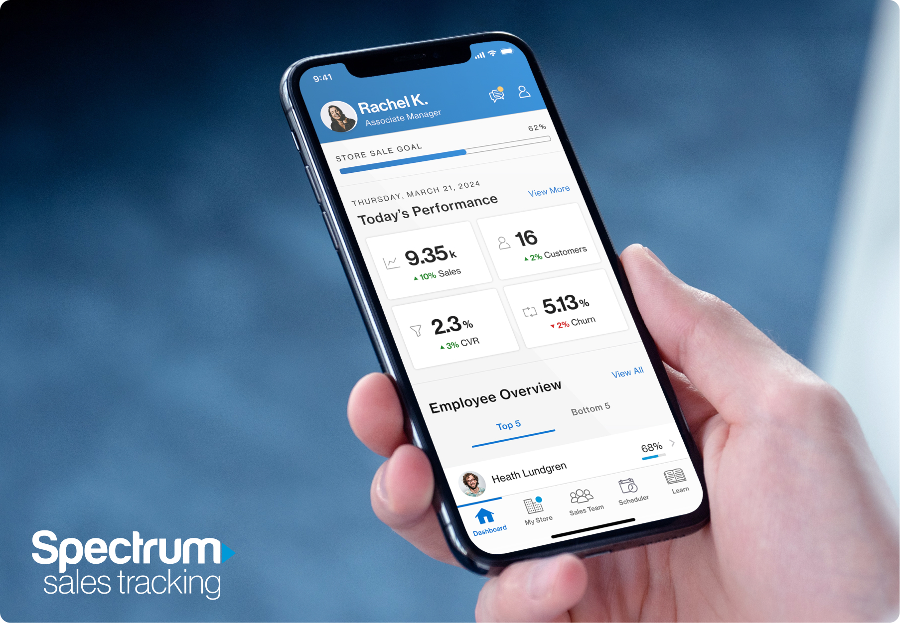 Image of a hand holding a smartphone with the Spectrum Sales Tracking app dashboard.