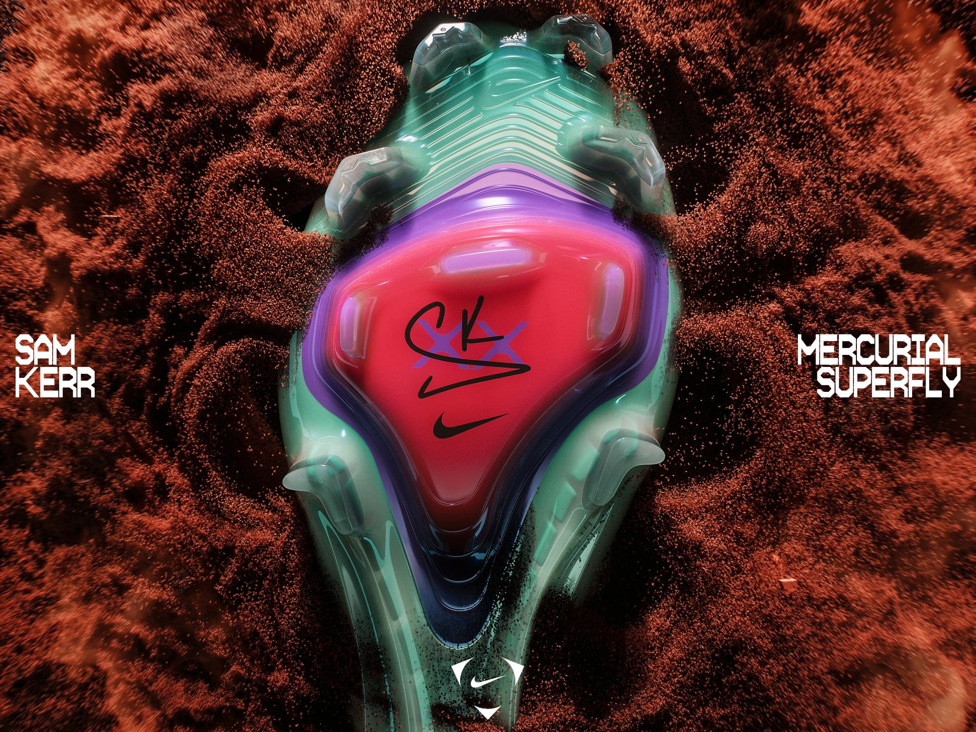 Bottom of Sam's football boot with her signature in the center. Sand exploding behind and around the boot.