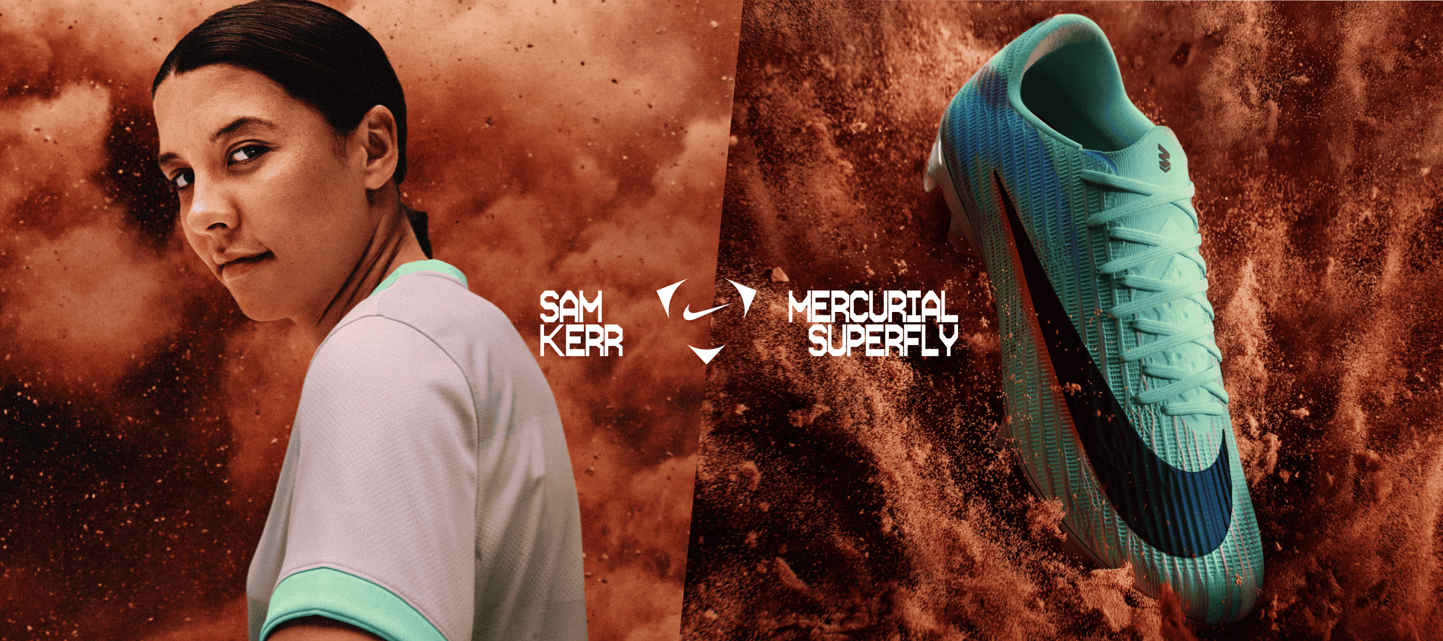 Portrait of Sam Kerr on the left of looking back over her shoulder, surrounded by an explosion of sand. Image of her football boot surrounding by exploding sand on the right.