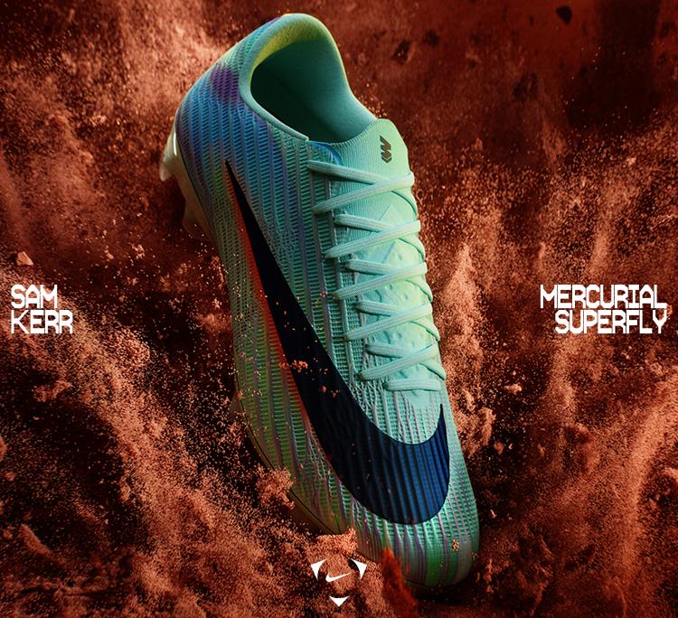 Portrait of Sam Kerr on the left of looking back over her shoulder, surrounded by an explosion of sand. Image of her football boot surrounding by exploding sand on the right.