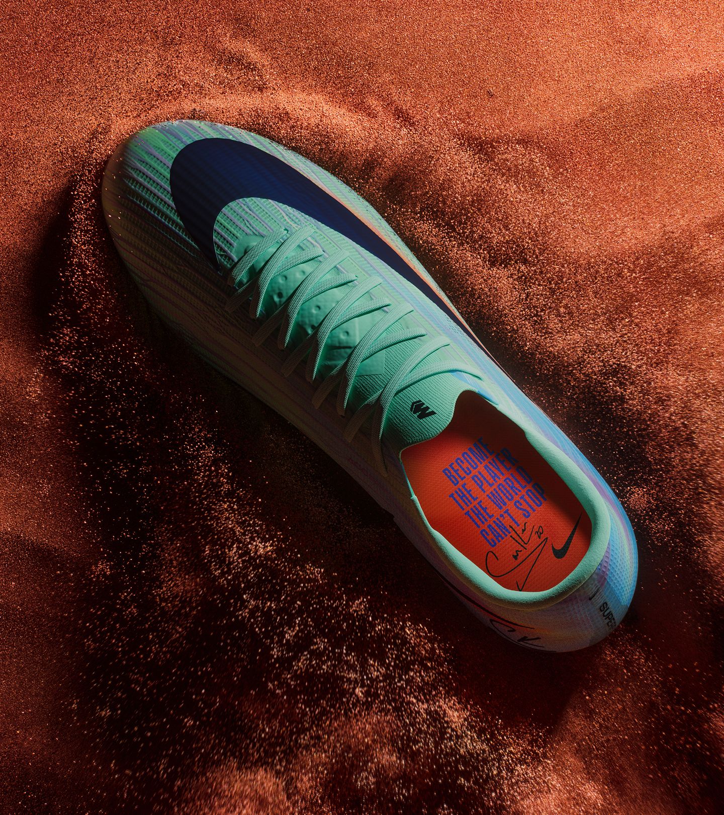 Top down view of Sam's boot revealing the insole graphic. Become the player the world can't stop.