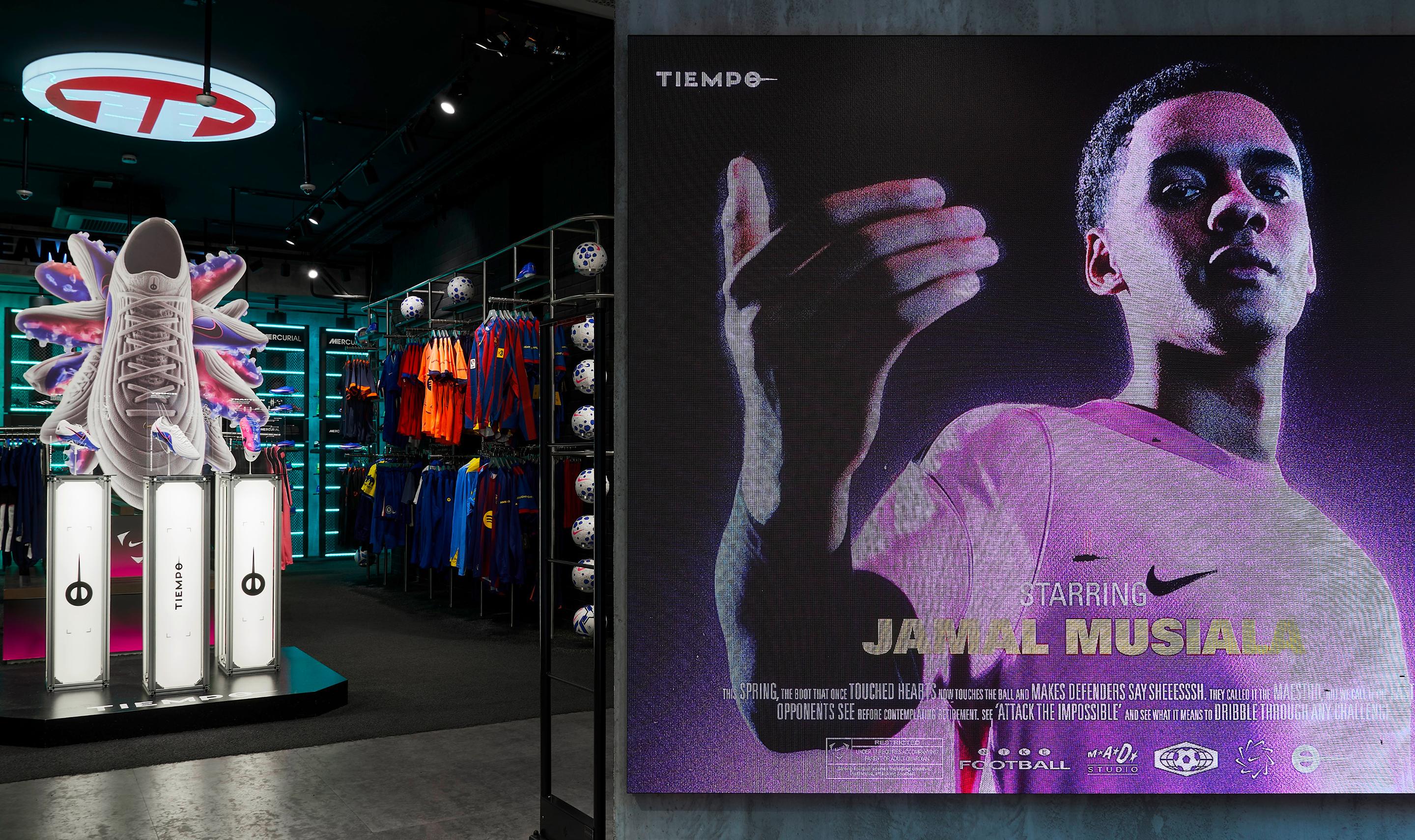 Retail execution of boots with innovative graphics and Jamal Musiala portrait